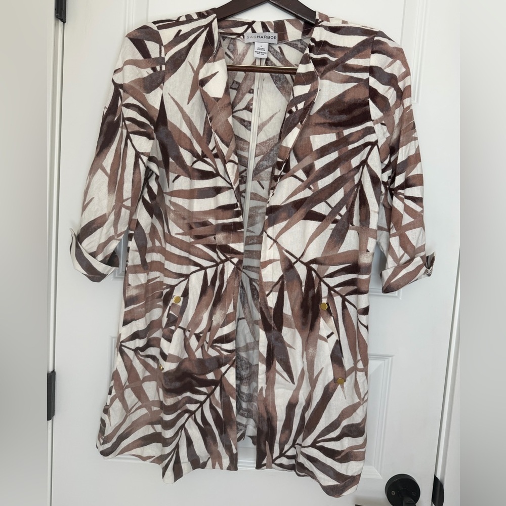 Sag Harbor Cream and Brown Tropical-Print Open Linen Blazer Jacket Size L
